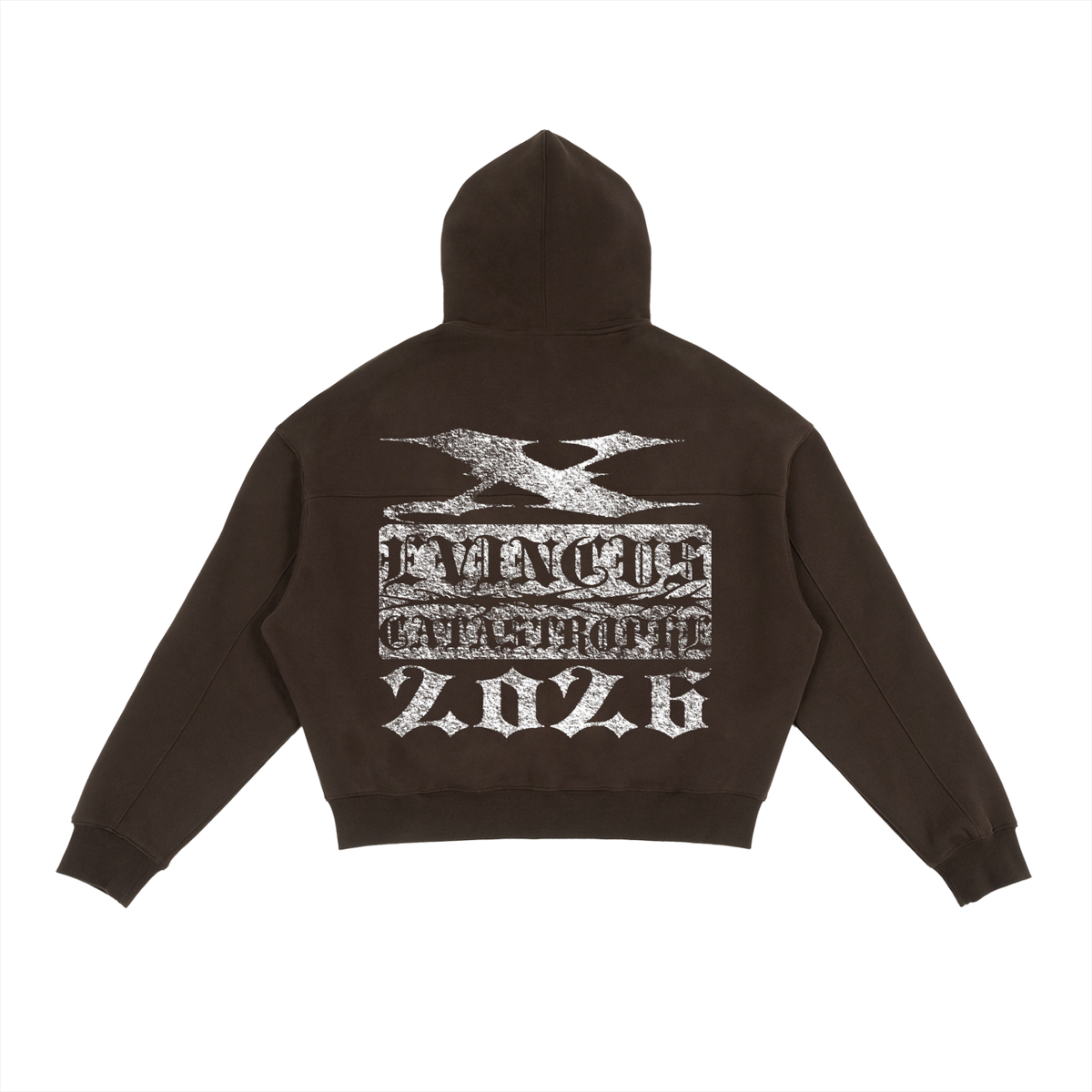 ODMPOD ZIPUP CATASTROPHE hoodie in black, featuring a front zipper and graphic design, displayed on a hanger.