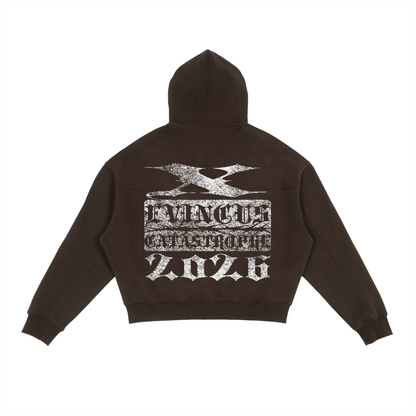 ODMPOD ZIPUP CATASTROPHE hoodie in black, featuring a front zipper and graphic design, displayed on a hanger.