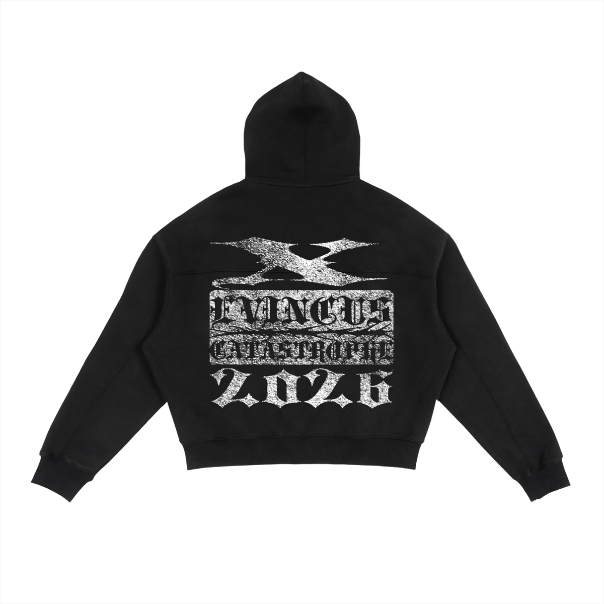 ODMPOD ZIPUP CATASTROPHE hoodie in black, showing front view with zipper closure and hood, casual streetwear style