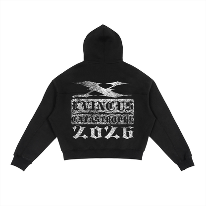 ODMPOD ZIPUP CATASTROPHE hoodie in black, showing front view with zipper closure and hood, casual streetwear style